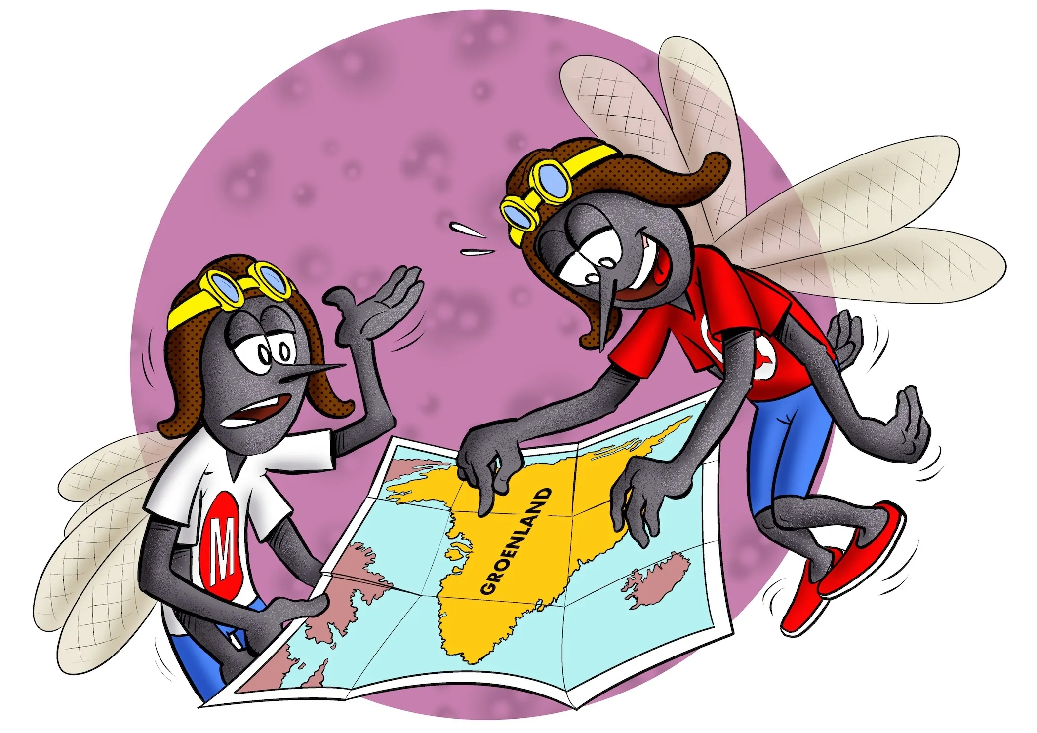 Kleurrijke illustratie van twee muskietkarakters met landkaart door Ben Art Work